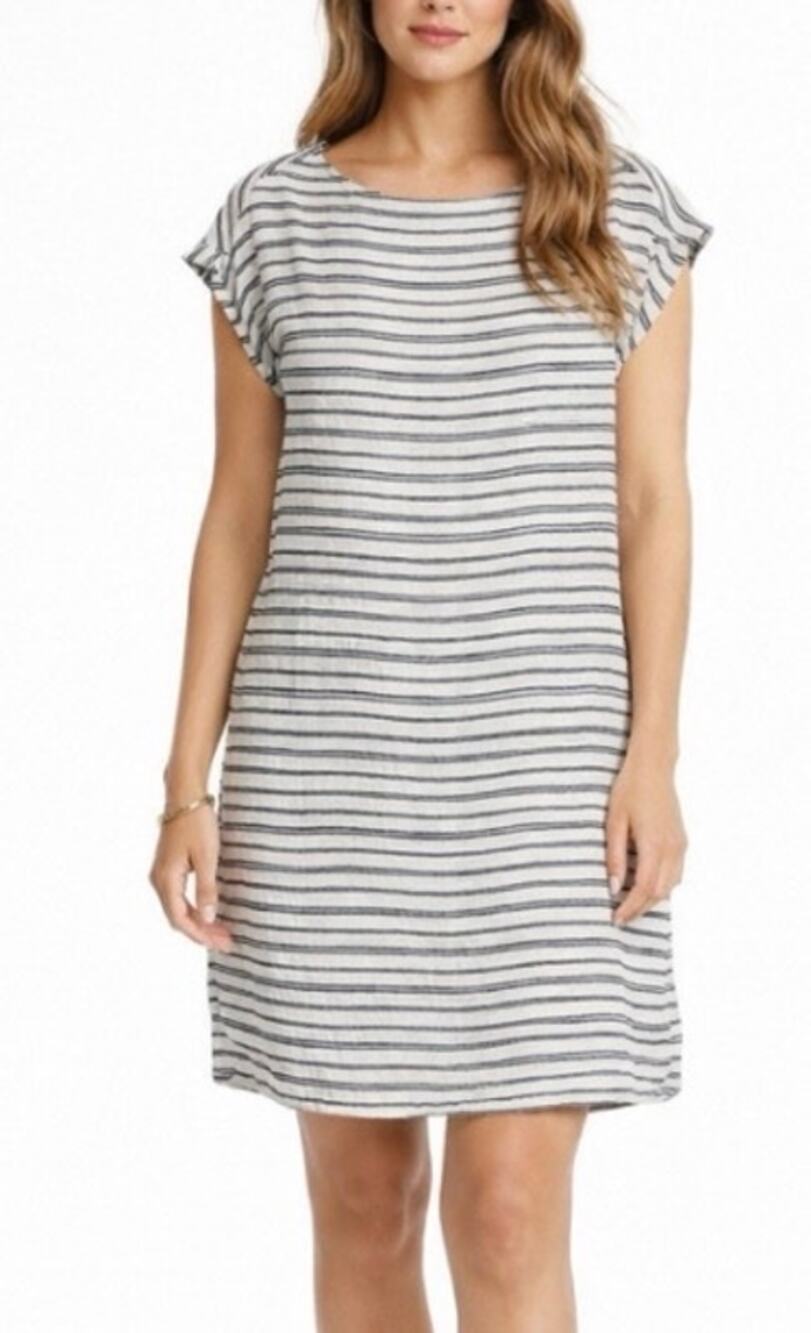 Tahari 100% Linen Dress Women S Blue White Relaxed Coastal Beachy Resort Cruise